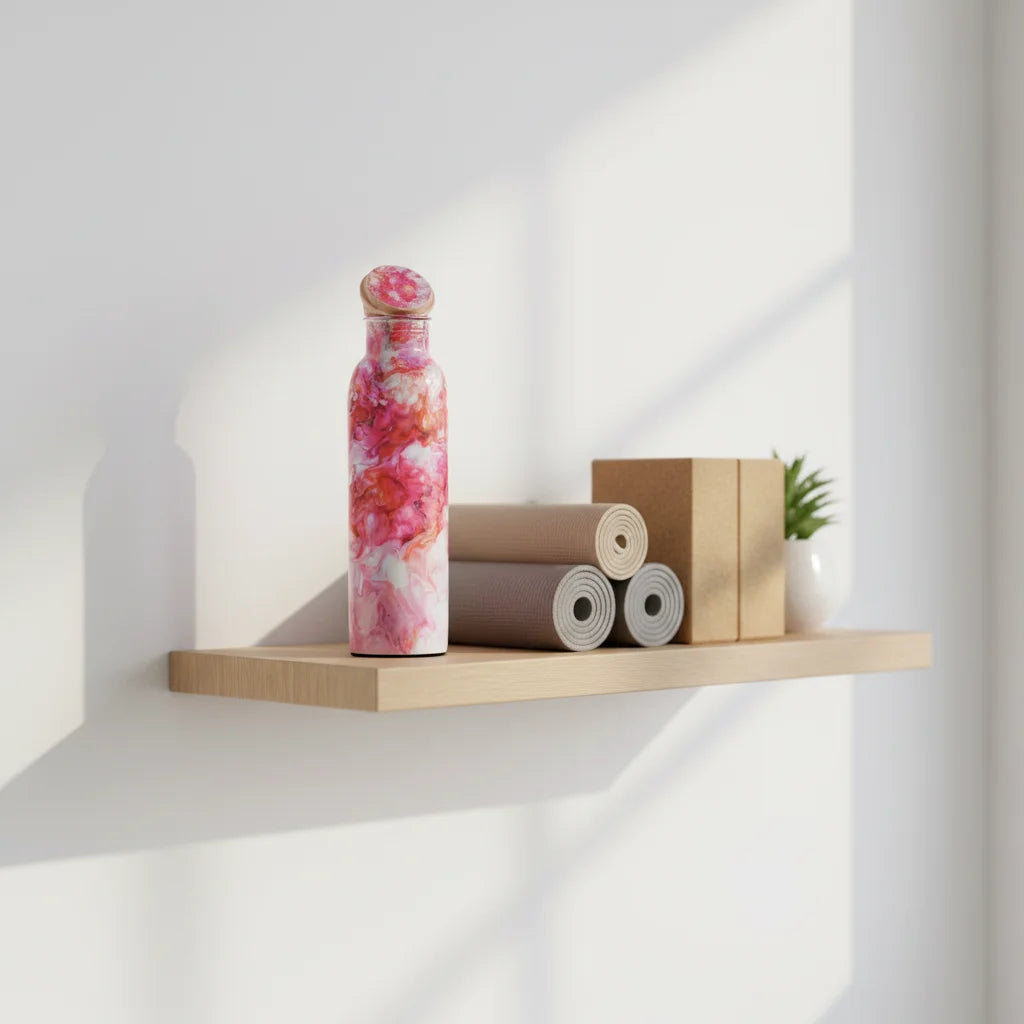 Bouteille d'eau en cuivre rose marbré de qualité supérieure, 1 litre, étanche, sans soudure, bouteille ayurvédique pour le yoga, bouteille artisanale pour la salle de sport