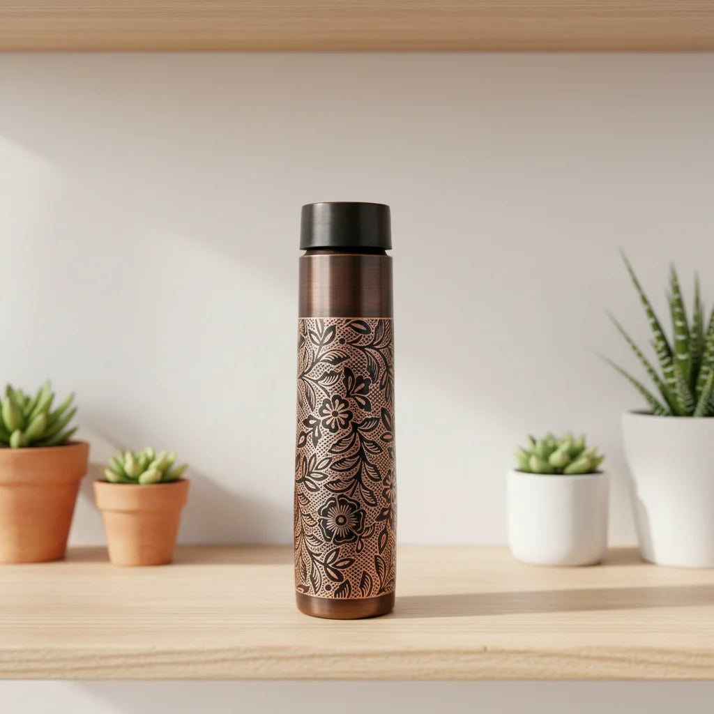 Bouteille en cuivre gravé marron de luxe 1L, sans joint, étanche, pour la santé ayurvédique, le yoga, la gym, le bureau, la décoration intérieure