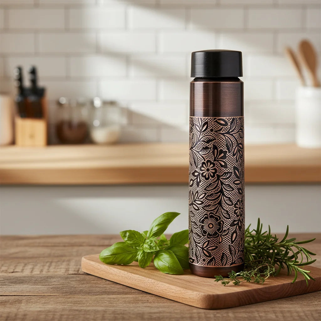 Bouteille en cuivre gravé marron de luxe 1L, sans joint, étanche, pour la santé ayurvédique, le yoga, la gym, le bureau, la décoration intérieure