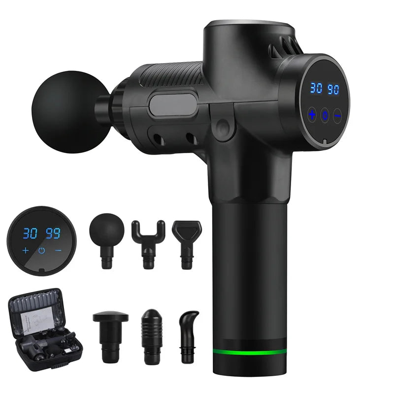 Pistolet de massage fascia sans fil professionnel haute puissance 30 vitesses avec écran LCD, physiothérapie infrarouge, 6 têtes de massage pour un massage corporel