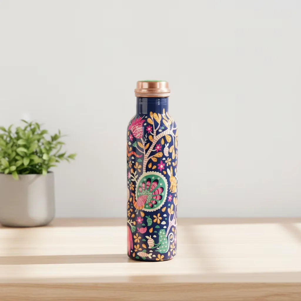 Bouteille d'eau en cuivre artisanale Premium 1 Litre motif Paon, anti-fuite, sans soudure, pour yoga ayurvédique, gym et bien-être