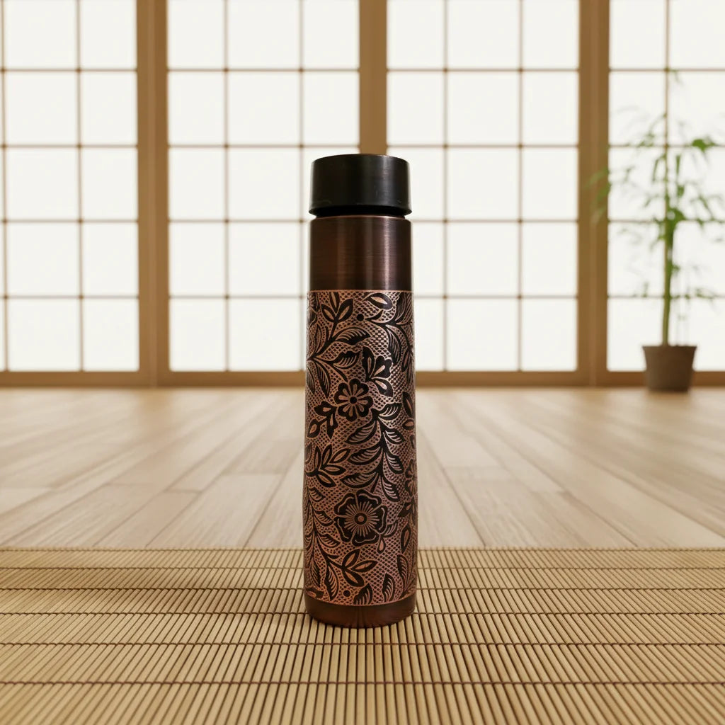 Bouteille en cuivre gravé marron de luxe 1L, sans joint, étanche, pour la santé ayurvédique, le yoga, la gym, le bureau, la décoration intérieure