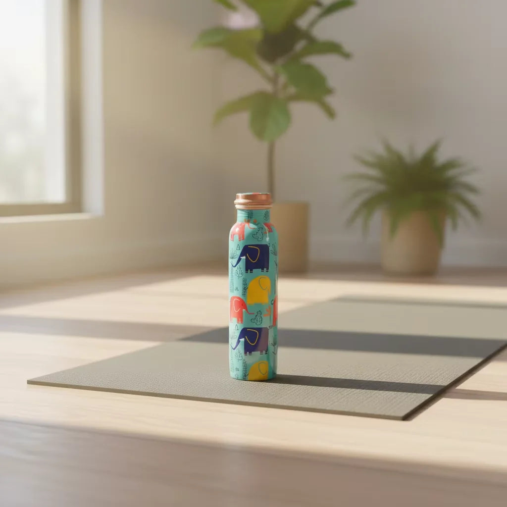 Bouteille d'eau en cuivre artisanale Premium 1 Litre motif Paon, anti-fuite, sans soudure, pour yoga ayurvédique, gym et bien-être