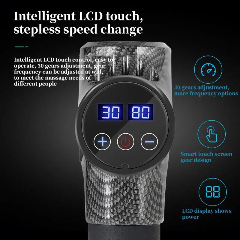 Pistolet de massage fascia sans fil professionnel haute puissance 30 vitesses avec écran LCD, physiothérapie infrarouge, 6 têtes de massage pour un massage corporel