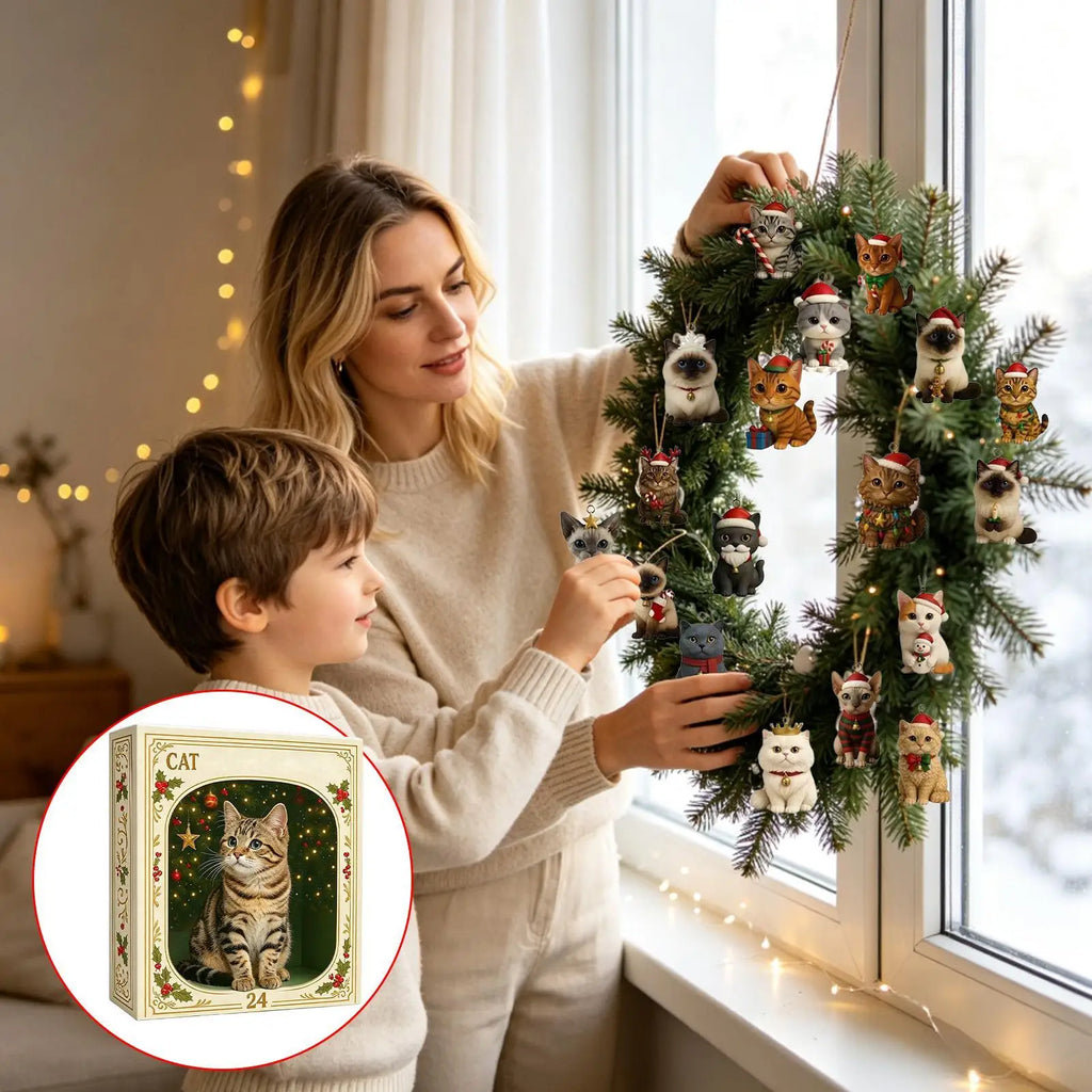 Calendrier de l'Avent « Chat de Noël » – Compte à rebours de 24 jours – Ornements en acrylique 2D – Décoration à suspendre pour sapin de Noël – Objet de collection / Cadeau