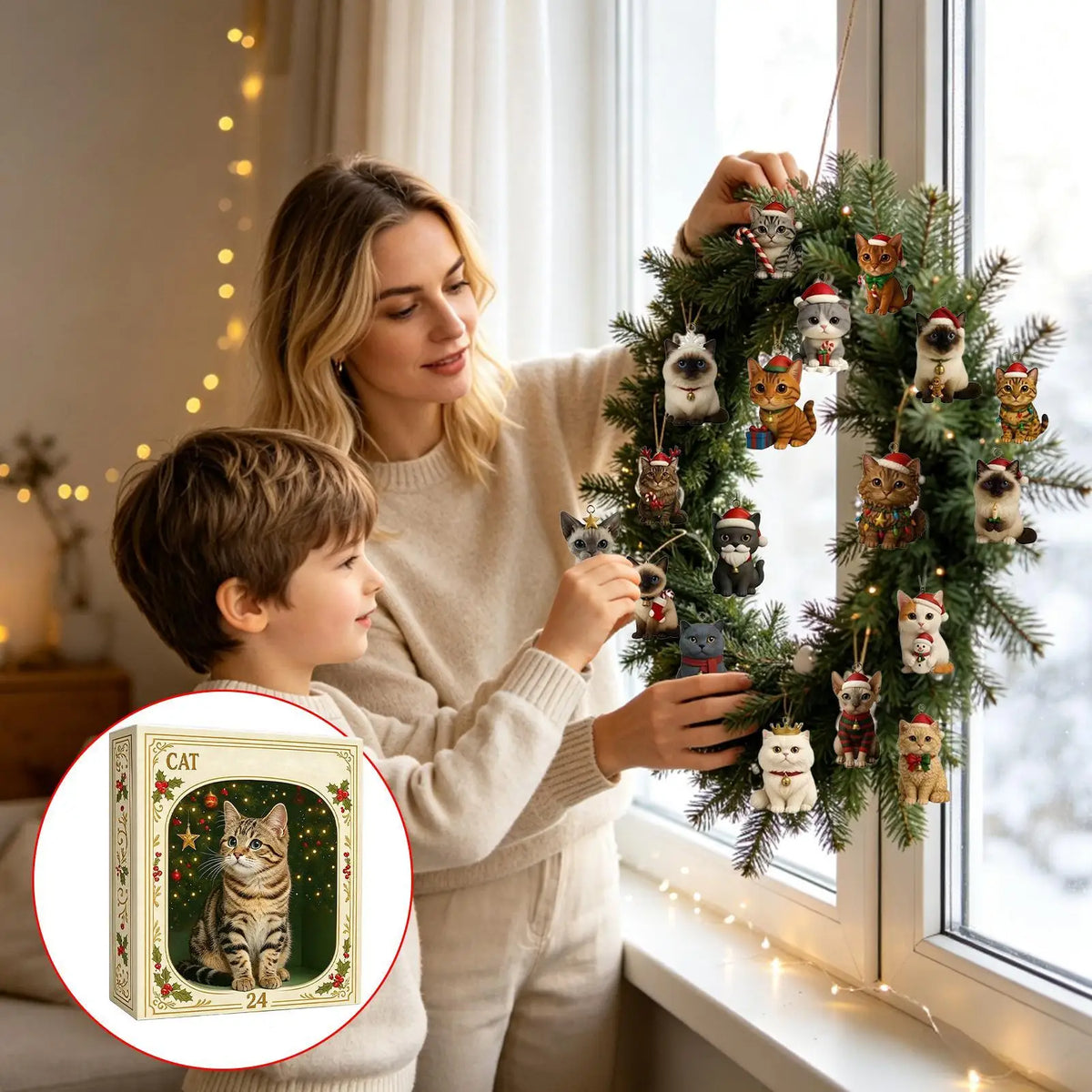 Calendrier de l'Avent « Chat de Noël » – Compte à rebours de 24 jours – Ornements en acrylique 2D – Décoration à suspendre pour sapin de Noël – Objet de collection / Cadeau