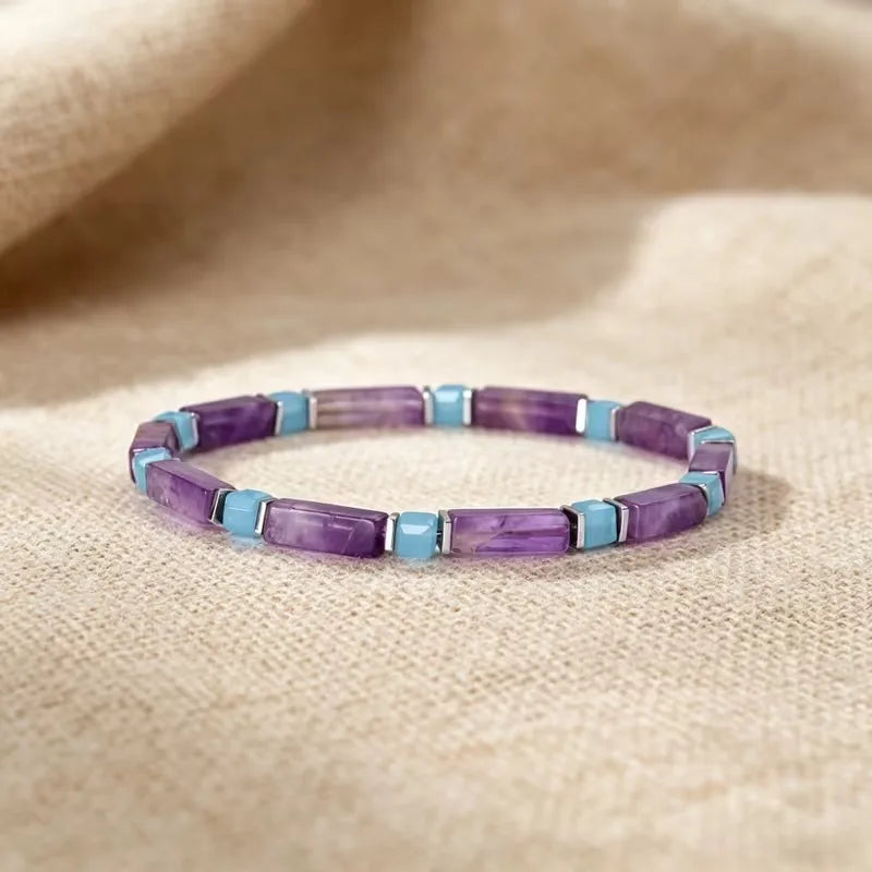 Bracelet extensible en perles rectangulaires d'améthyste naturelle et de calcédoine bleue pour femmes, bijoux de mode bohème empilables, cadeau