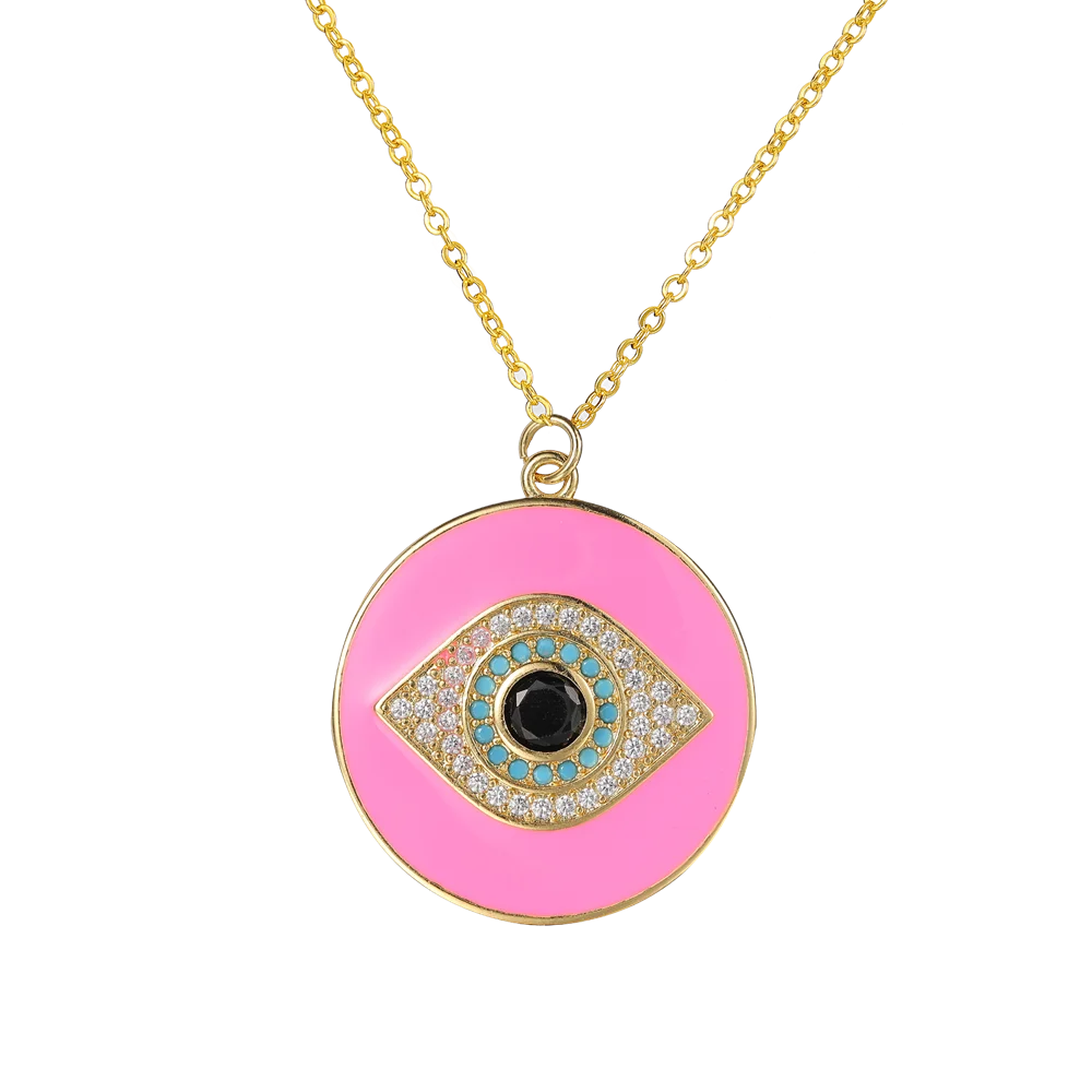 Collier pour femme Juya – Pendentif « Main de Fatma » (Hamsa) orné de zircons arc-en-ciel et d’émail, plaqué or 18 carats, (œil protecteur)