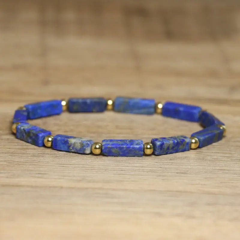 Bracelet Lapis Lazuli | Perles rondes et rectangulaires en pierre naturelle | Noué à la main avec cordon noir | Accessoire minimaliste Boho