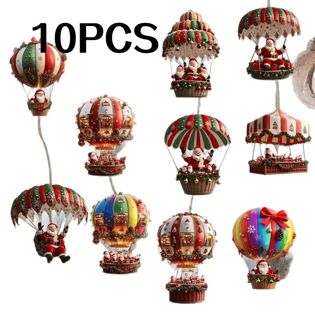 Lot de 10 décorations suspendues en bois faites à la main (série Père Noël en parachute) – Idéal pour la décoration de la maison et du jardin ou comme cadeau de fêtes