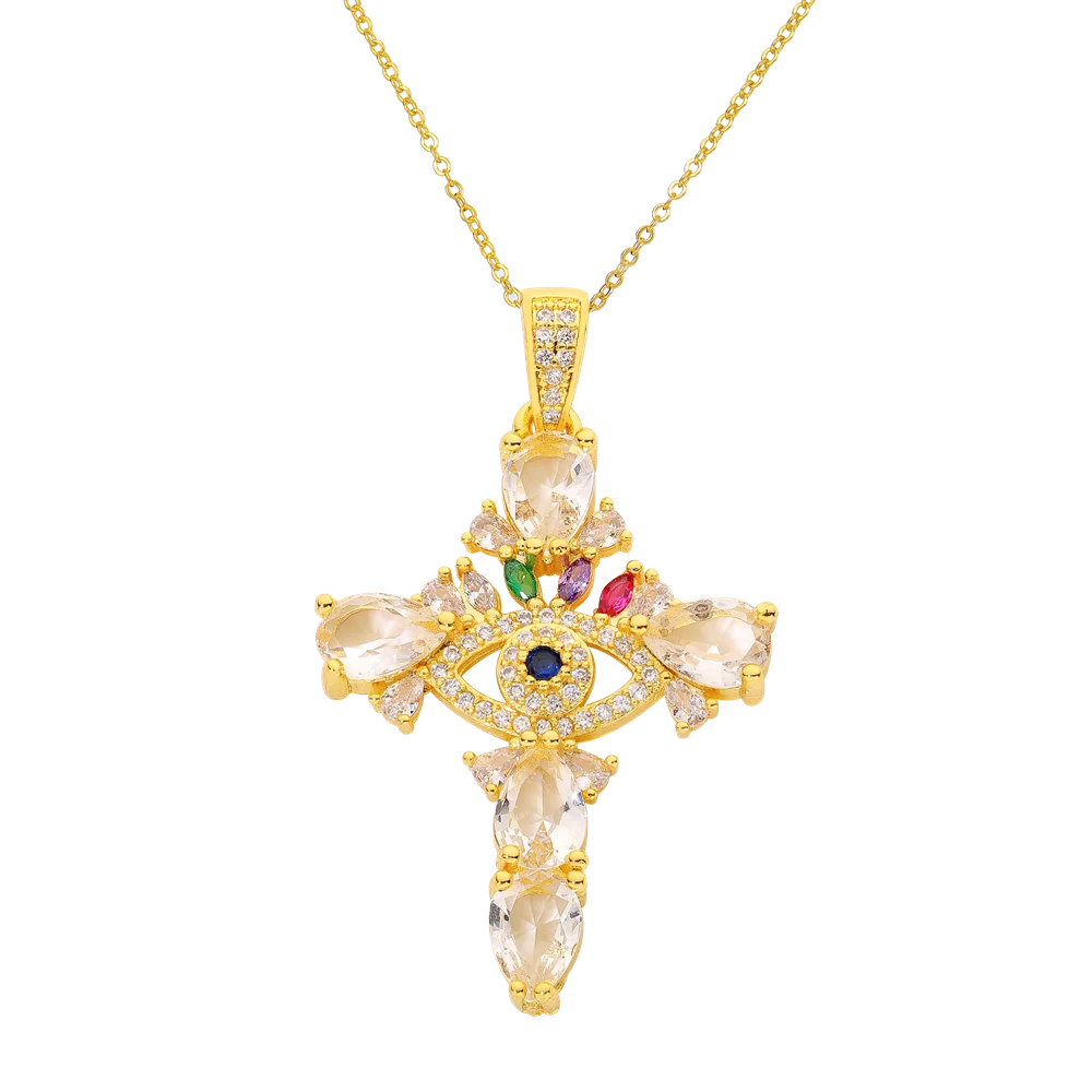 Collier pour femme Juya – Pendentif « Main de Fatma » (Hamsa) orné de zircons arc-en-ciel et d’émail, plaqué or 18 carats, (œil protecteur)