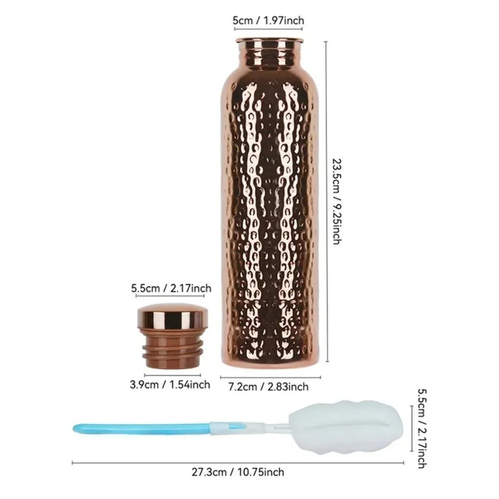 Bouteille d'eau en cuivre de 800 ml  Base antidérapante en silicone   Couvercle ouvert en un clic   Bouteille à motif marteau   Isolation thermique