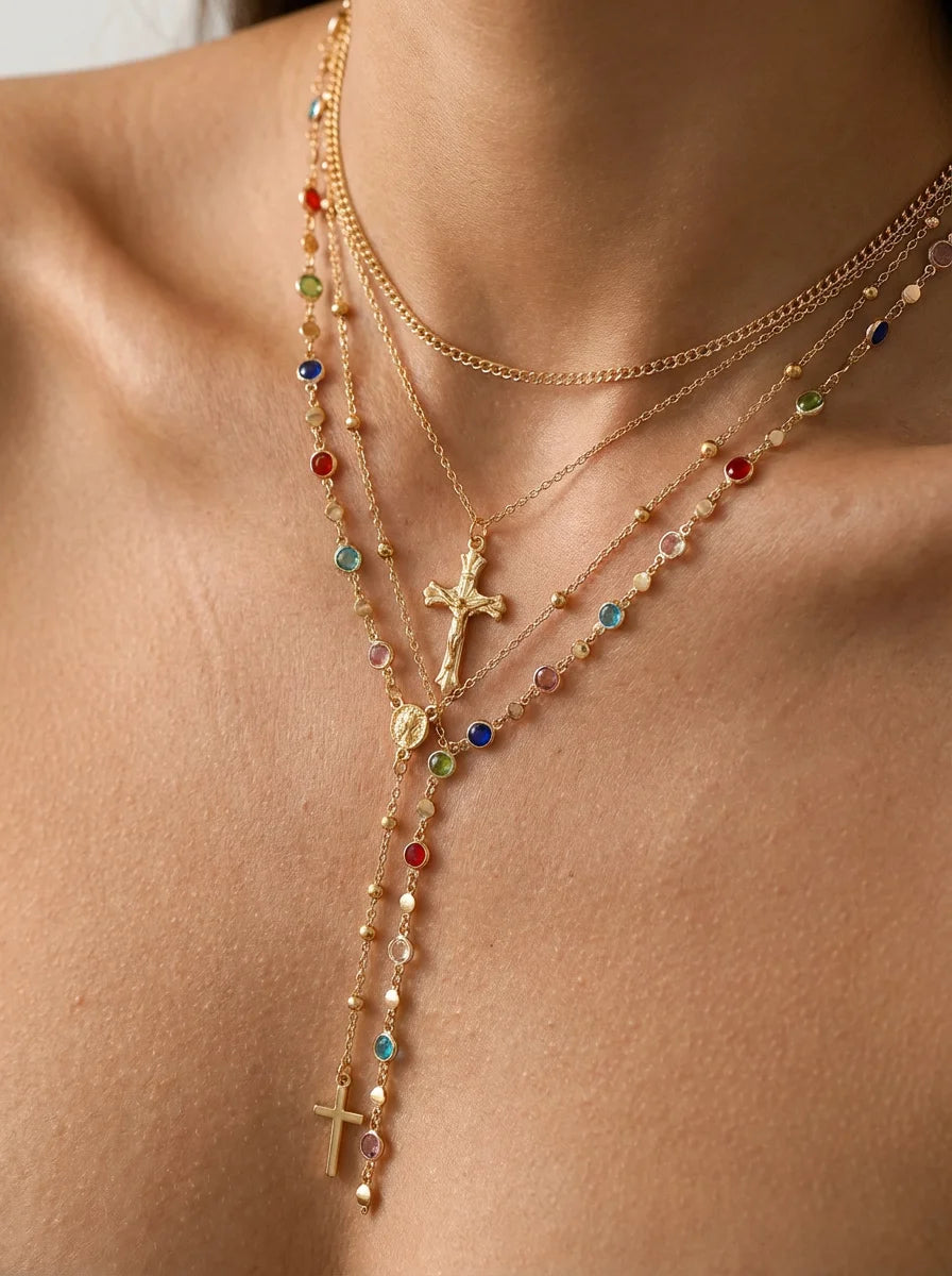 Collier à pendentif croix de Jésus, style superposé, chaîne en métal vintage, bijou pour femme,