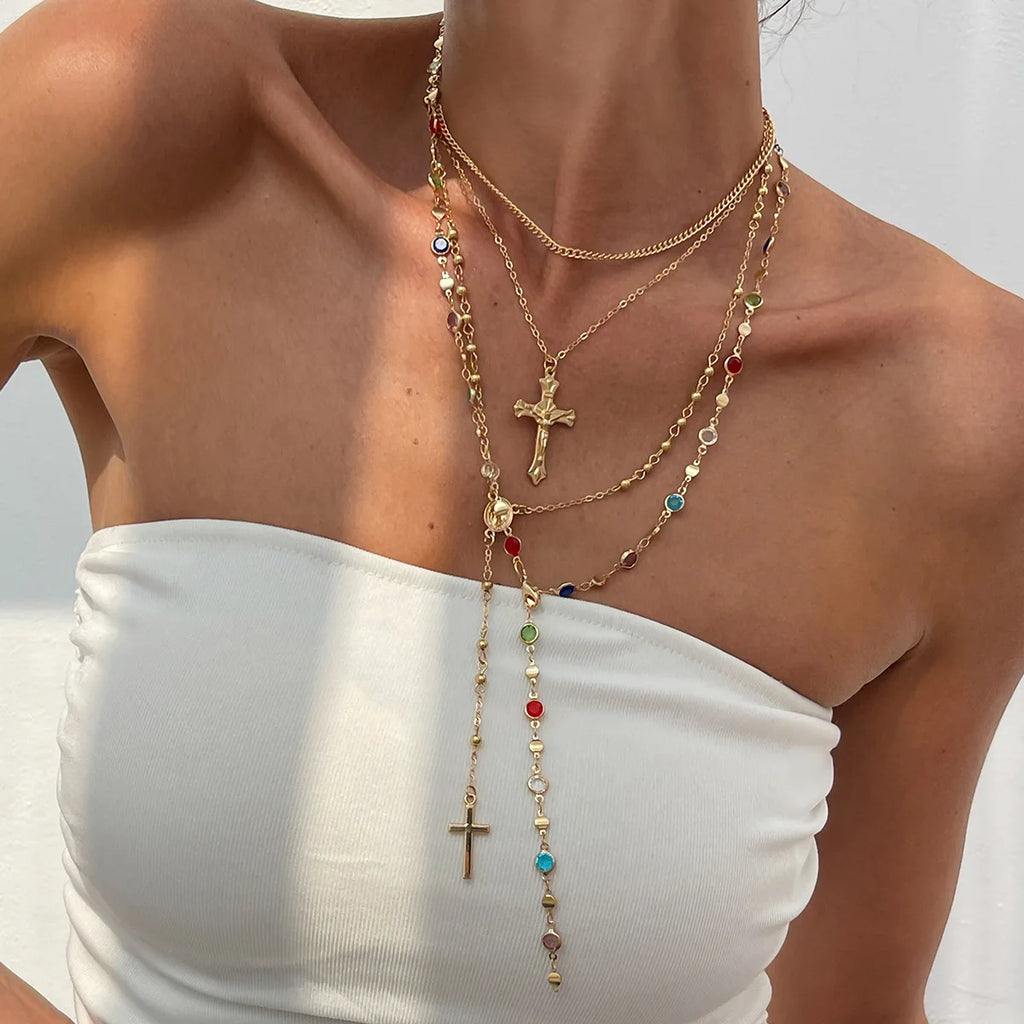 Collier à pendentif croix de Jésus, style superposé, chaîne en métal vintage, bijou pour femme,