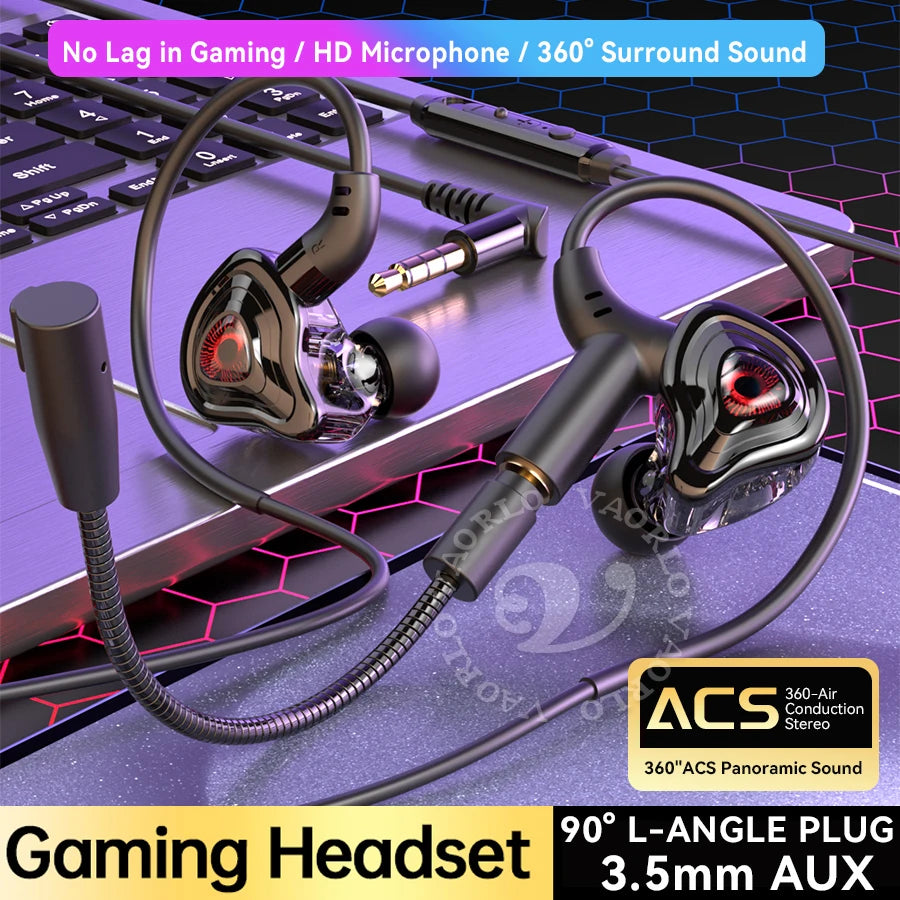 Casque de jeu avec interface 3,5 mm/Type-C/USB, son surround à 360°, basses HiFi, double microphone intra-auriculaire, compatible PUBG avec faible latence.