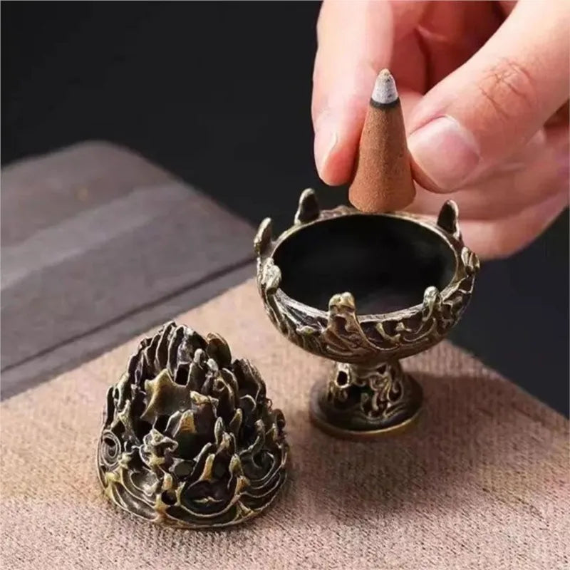 Brûleur d'encens en alliage Vintage, porte-bâton à trois pattes ajouré, Mini encensoir en bois de santal, décoration de la maison