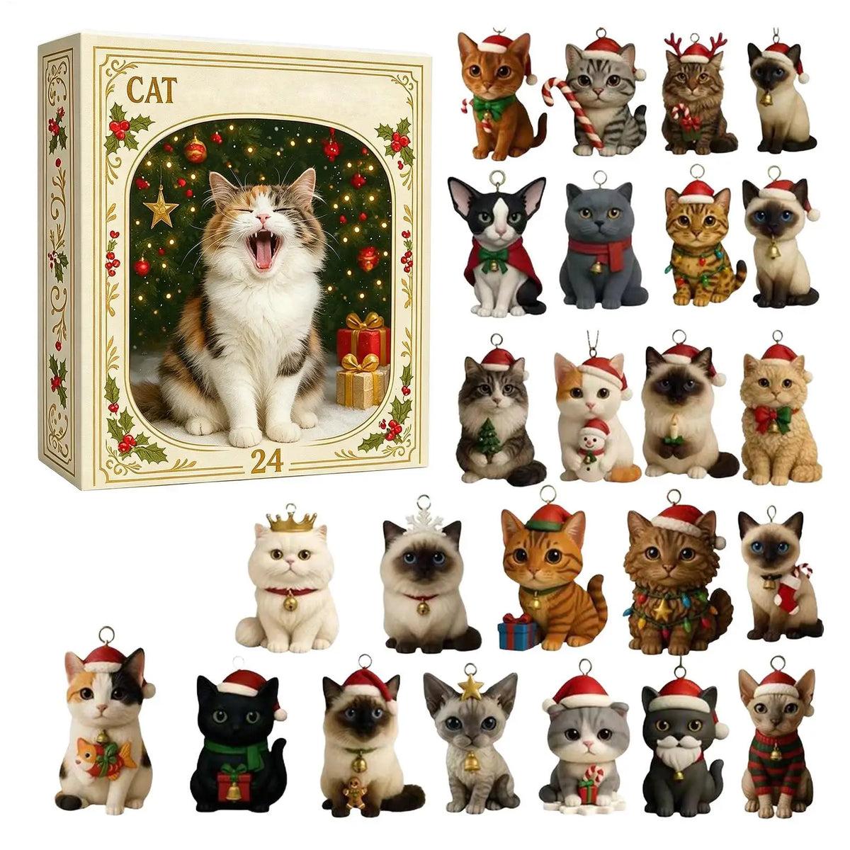 Calendrier de l'Avent « Chat de Noël » – Compte à rebours de 24 jours – Ornements en acrylique 2D – Décoration à suspendre pour sapin de Noël – Objet de collection / Cadeau