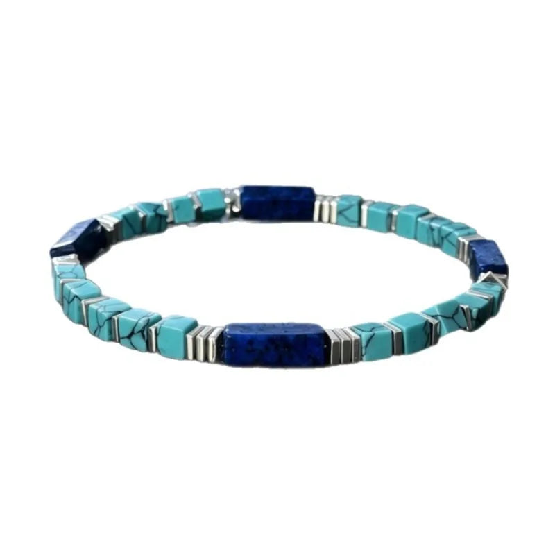 Bracelet pour femme composé de tubes carrés en turquoise naturelle veinée et en lapis-lazuli – Bijou vintage en pierres naturelles, idéal pour l'accumulation