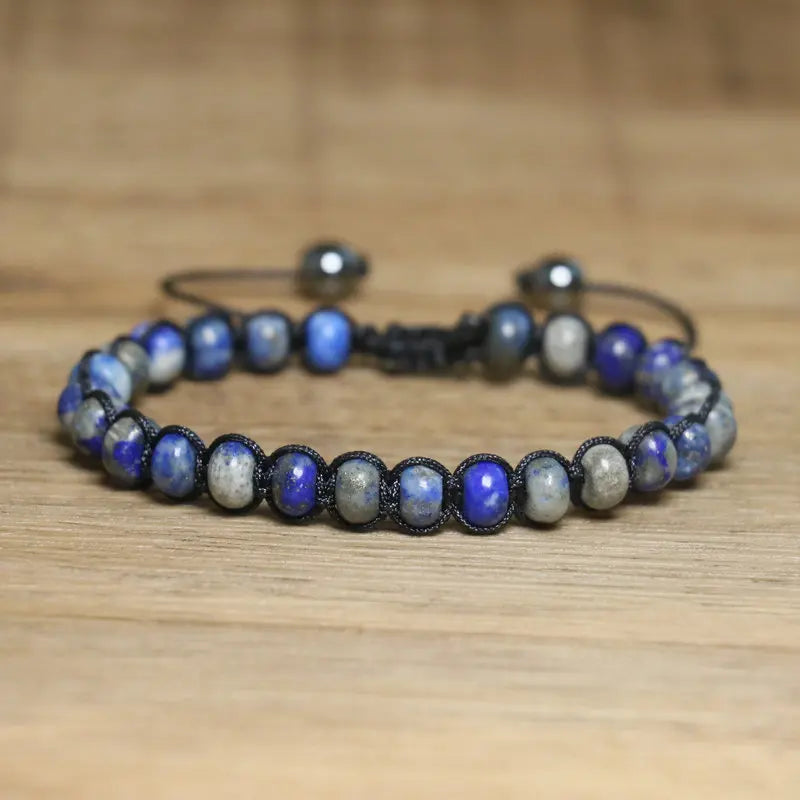 Bracelet Lapis Lazuli | Perles rondes et rectangulaires en pierre naturelle | Noué à la main avec cordon noir | Accessoire minimaliste Boho