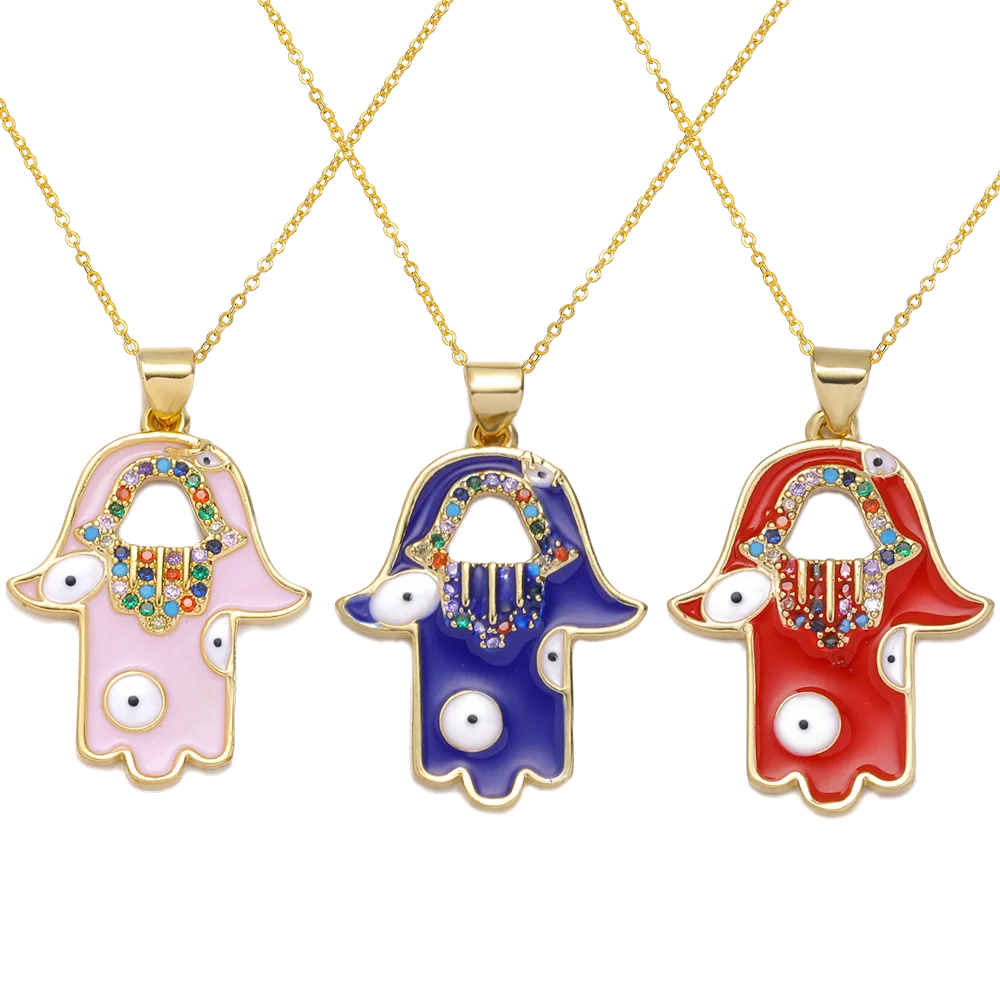 Collier pour femme Juya – Pendentif « Main de Fatma » (Hamsa) orné de zircons arc-en-ciel et d’émail, plaqué or 18 carats, (œil protecteur)