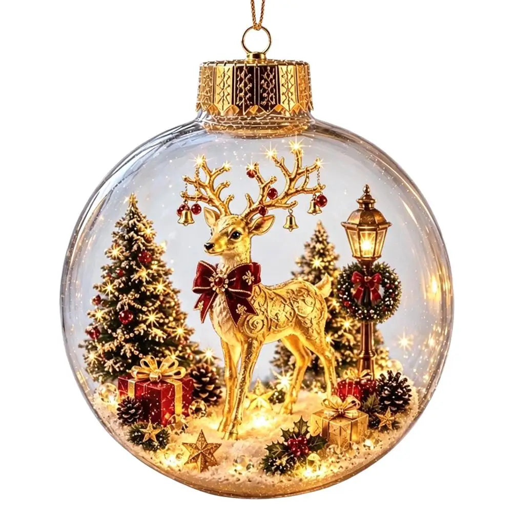 Décorations lumineuses sur le thème de Noël : casse-noisette, renne, bonhomme de neige et sapin ; pendentifs décoratifs lumineux en forme de boule de cristal.