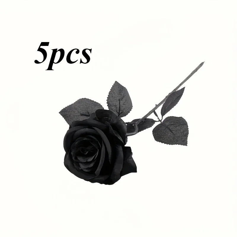 Lot de 5 ou 10 roses noires artificielles pour la décoration intérieure – Fleurs artificielles à longue tige (sans vase) – Idéal pour centres de table de mariage, Halloween ou fêtes