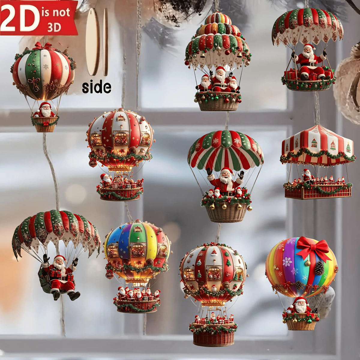 Lot de 10 décorations suspendues en bois faites à la main (série Père Noël en parachute) – Idéal pour la décoration de la maison et du jardin ou comme cadeau de fêtes