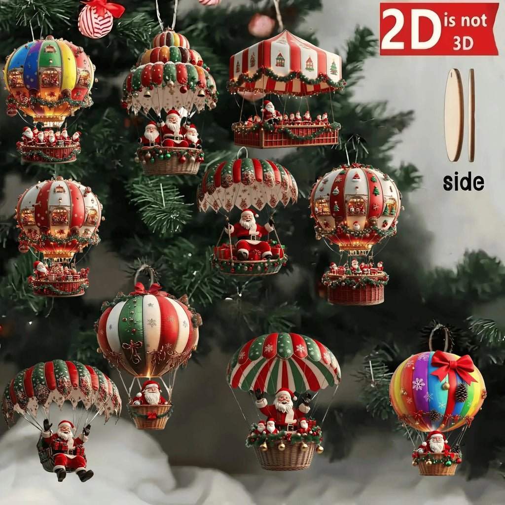 Lot de 10 décorations suspendues en bois faites à la main (série Père Noël en parachute) – Idéal pour la décoration de la maison et du jardin ou comme cadeau de fêtes