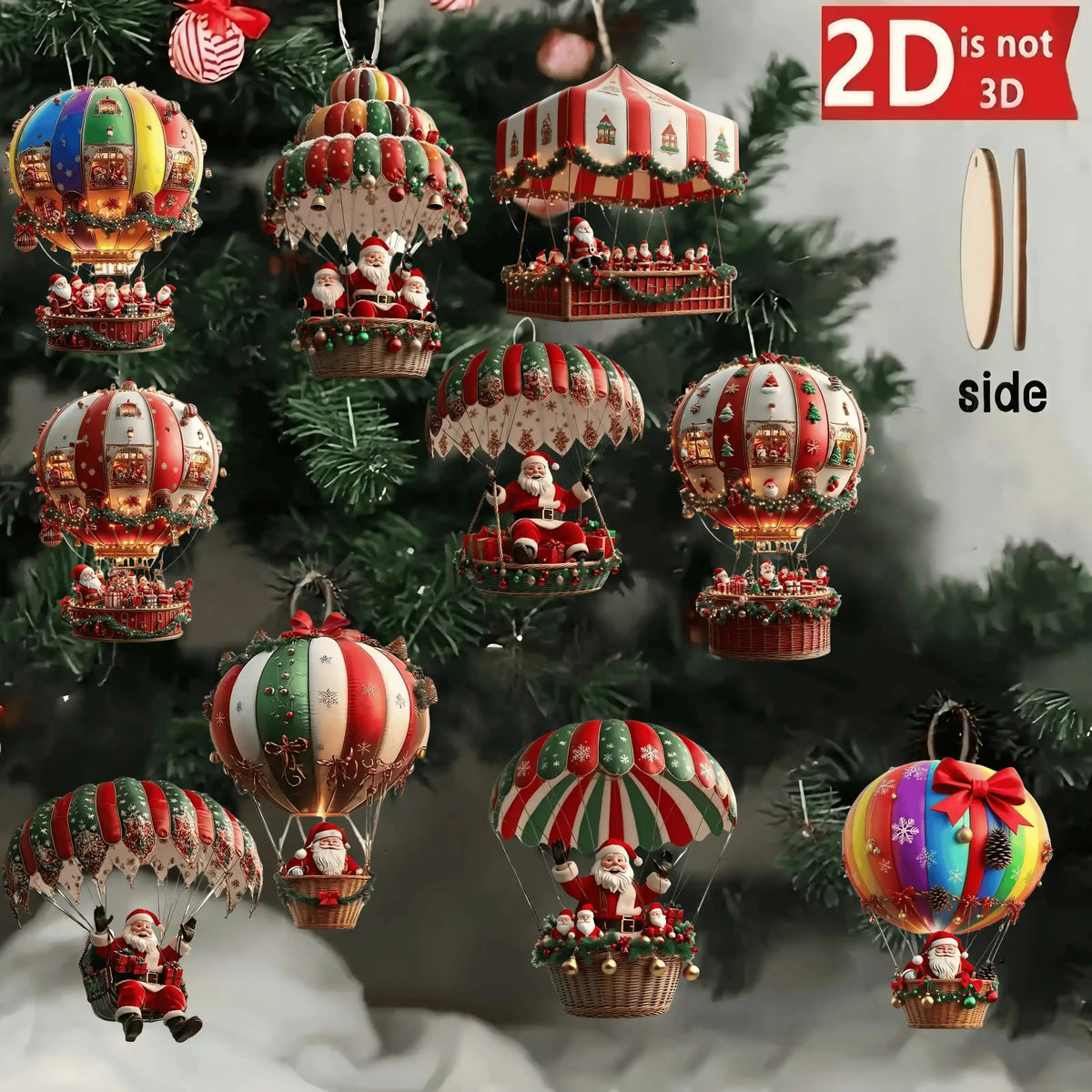 Lot de 10 décorations suspendues en bois faites à la main (série Père Noël en parachute) – Idéal pour la décoration de la maison et du jardin ou comme cadeau de fêtes