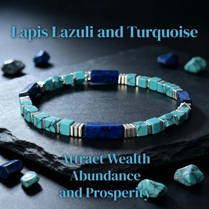 Bracelet pour femme composé de tubes carrés en turquoise naturelle veinée et en lapis-lazuli – Bijou vintage en pierres naturelles, idéal pour l'accumulation