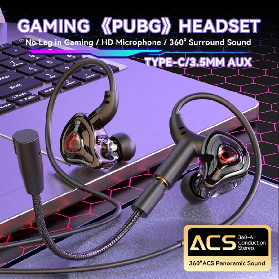 Casque de jeu avec interface 3,5 mm/Type-C/USB, son surround à 360°, basses HiFi, double microphone intra-auriculaire, compatible PUBG avec faible latence.