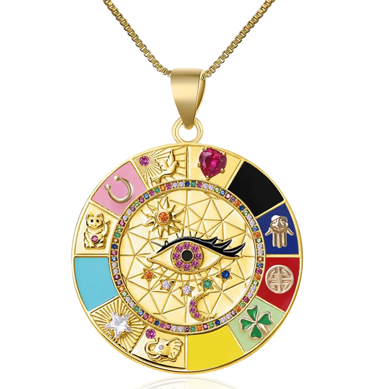 Collier pour femme Juya – Pendentif « Main de Fatma » (Hamsa) orné de zircons arc-en-ciel et d’émail, plaqué or 18 carats, (œil protecteur)