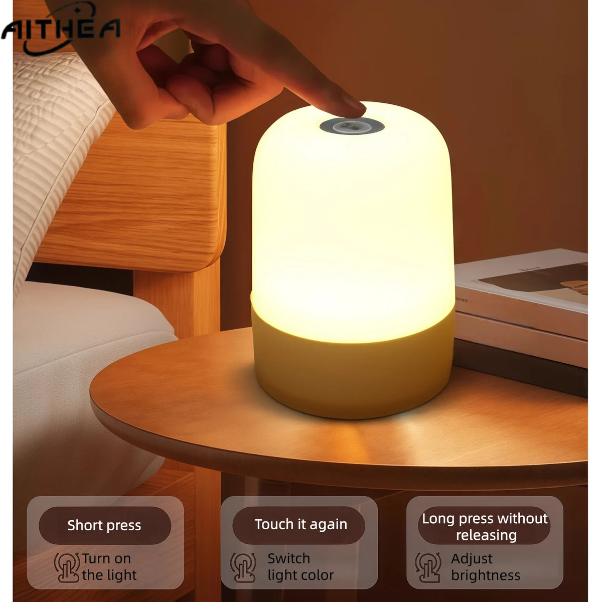 Lampe de chevet LED rechargeable AITHEA à capteur tactile, 3 couleurs réglables, portable, pour chambre à coucher, salle de lecture, décoration