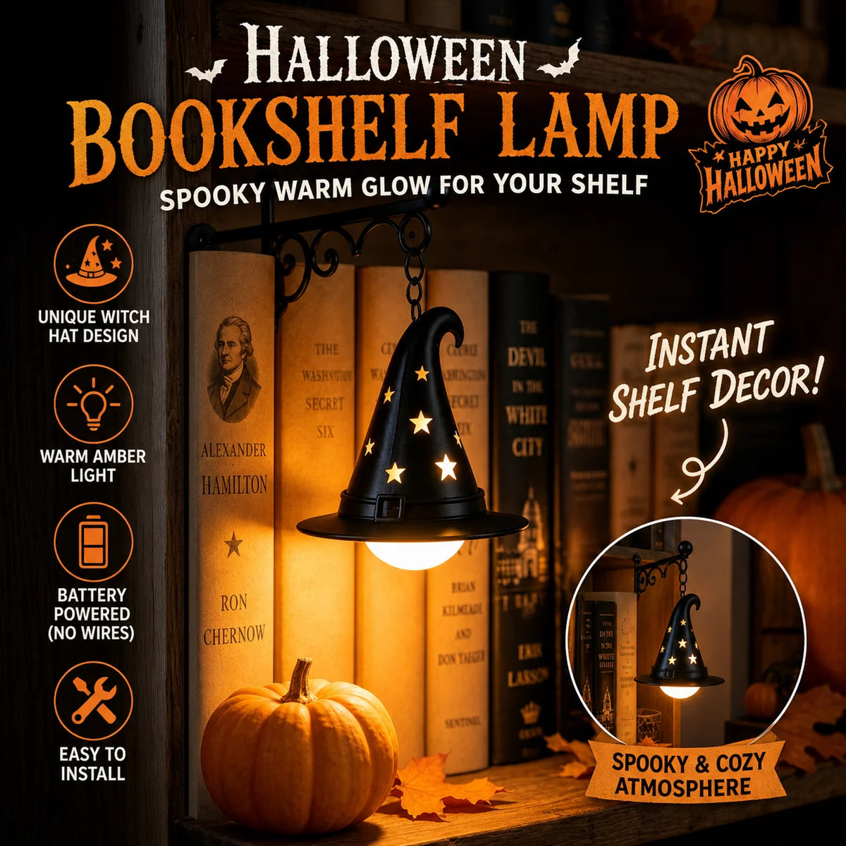 Lampe de lecture murale LED gothique rétro en métal, style Halloween, veilleuse vintage pour étagère.