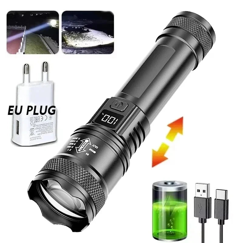 Lampe de poche Super lumineuse 100000LM, torche LED Rechargeable de Type C, lampe tactique longue portée pour l'extérieur, lanterne de Camping étanche