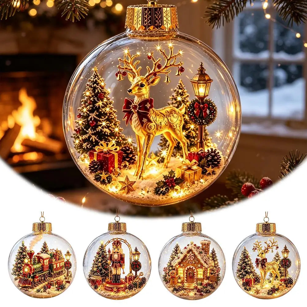 Décorations lumineuses sur le thème de Noël : casse-noisette, renne, bonhomme de neige et sapin ; pendentifs décoratifs lumineux en forme de boule de cristal.