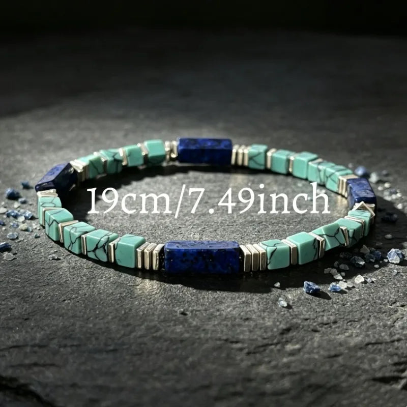 Bracelet pour femme composé de tubes carrés en turquoise naturelle veinée et en lapis-lazuli – Bijou vintage en pierres naturelles, idéal pour l'accumulation