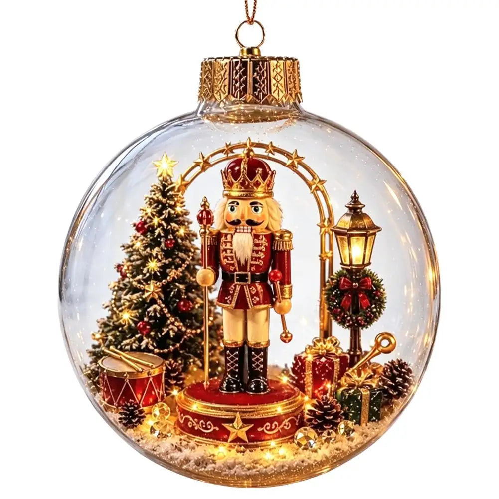 Décorations lumineuses sur le thème de Noël : casse-noisette, renne, bonhomme de neige et sapin ; pendentifs décoratifs lumineux en forme de boule de cristal.