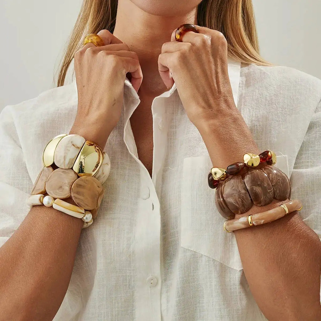 Lot de 6 bracelets élastiques pour femme style boho-punk : bracelets géométriques en résine acrylique et perles CCB vintage