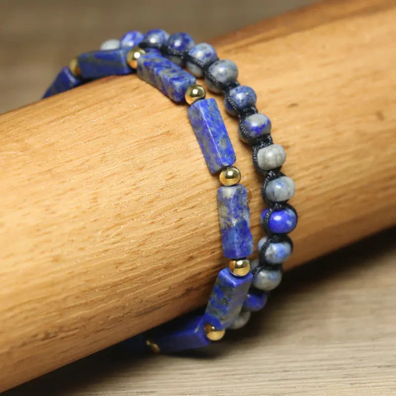 Bracelet Lapis Lazuli | Perles rondes et rectangulaires en pierre naturelle | Noué à la main avec cordon noir | Accessoire minimaliste Boho