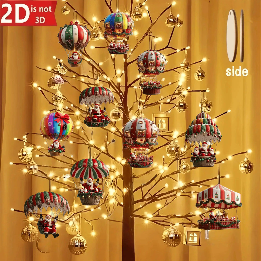Lot de 10 décorations suspendues en bois faites à la main (série Père Noël en parachute) – Idéal pour la décoration de la maison et du jardin ou comme cadeau de fêtes
