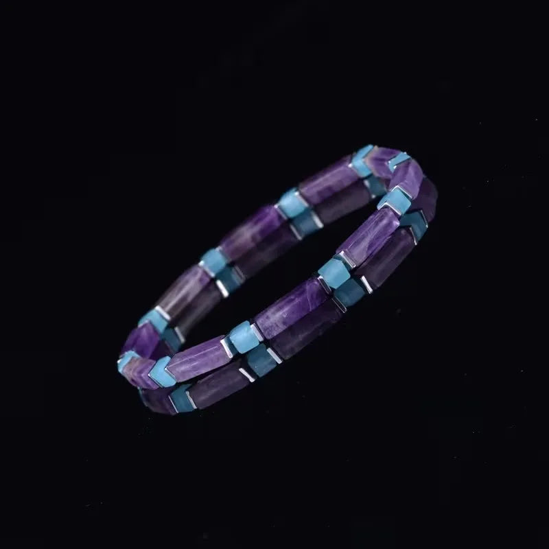Bracelet extensible en perles rectangulaires d'améthyste naturelle et de calcédoine bleue pour femmes, bijoux de mode bohème empilables, cadeau