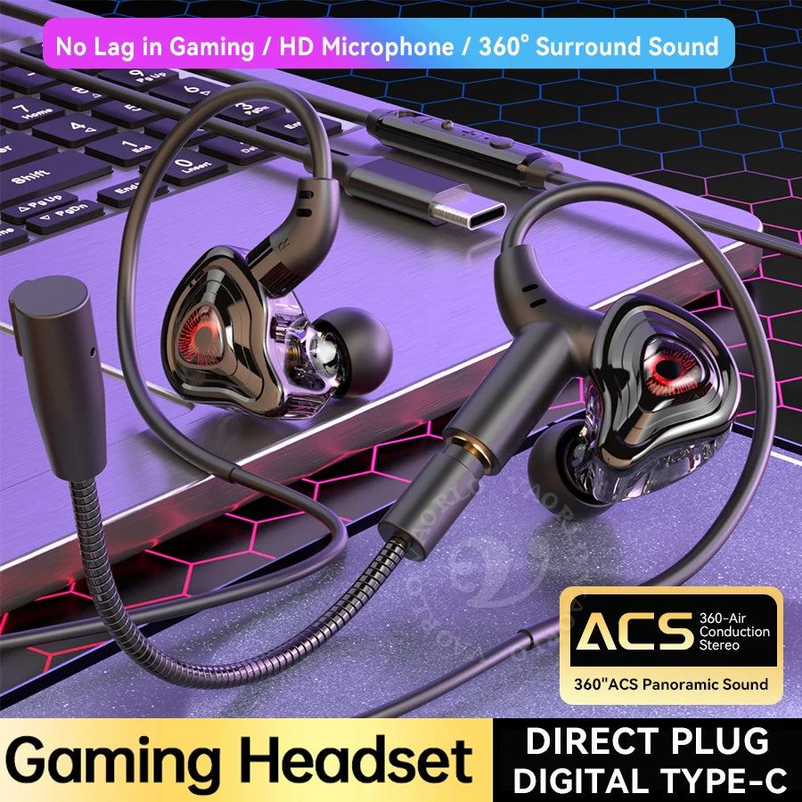 Casque de jeu avec interface 3,5 mm/Type-C/USB, son surround à 360°, basses HiFi, double microphone intra-auriculaire, compatible PUBG avec faible latence.