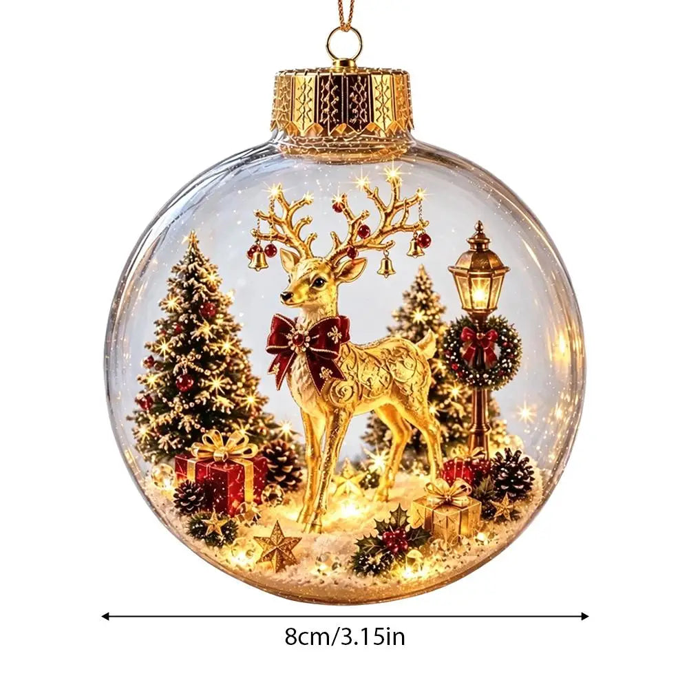 Décorations lumineuses sur le thème de Noël : casse-noisette, renne, bonhomme de neige et sapin ; pendentifs décoratifs lumineux en forme de boule de cristal.