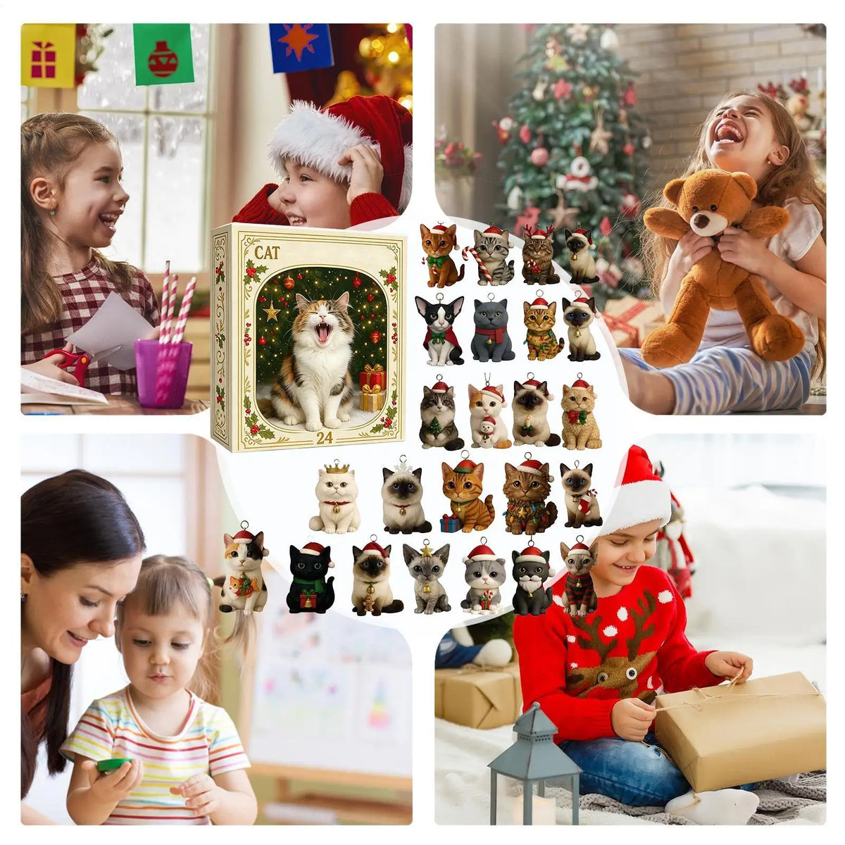 Calendrier de l'Avent « Chat de Noël » – Compte à rebours de 24 jours – Ornements en acrylique 2D – Décoration à suspendre pour sapin de Noël – Objet de collection / Cadeau