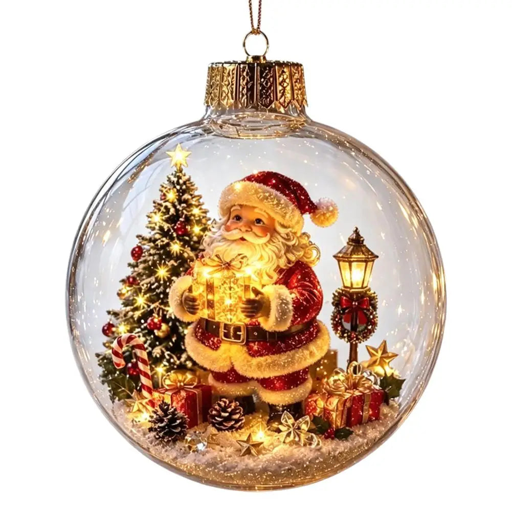 Décorations lumineuses sur le thème de Noël : casse-noisette, renne, bonhomme de neige et sapin ; pendentifs décoratifs lumineux en forme de boule de cristal.
