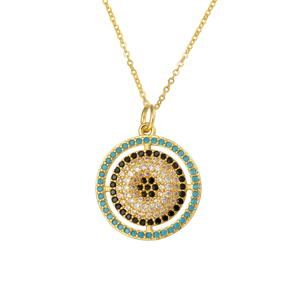 Collier pour femme Juya – Pendentif « Main de Fatma » (Hamsa) orné de zircons arc-en-ciel et d’émail, plaqué or 18 carats, (œil protecteur)