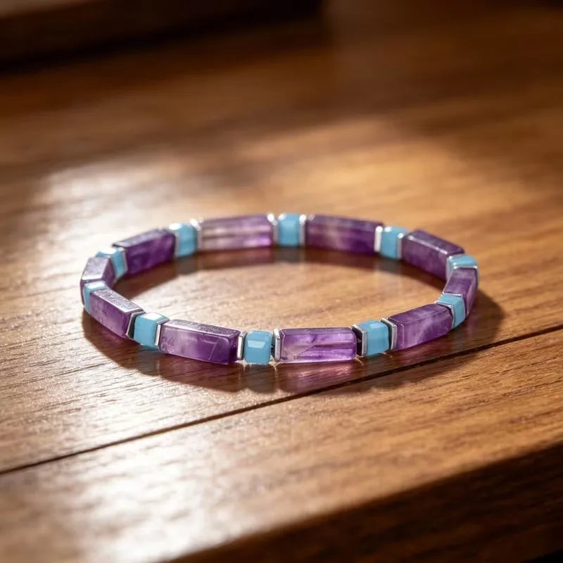 Bracelet extensible en perles rectangulaires d'améthyste naturelle et de calcédoine bleue pour femmes, bijoux de mode bohème empilables, cadeau