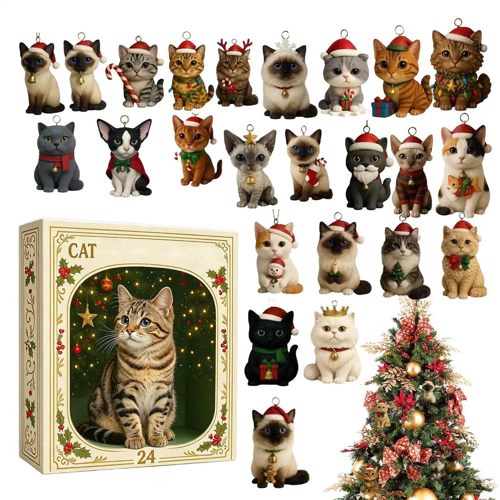 Calendrier de l'Avent « Chat de Noël » – Compte à rebours de 24 jours – Ornements en acrylique 2D – Décoration à suspendre pour sapin de Noël – Objet de collection / Cadeau