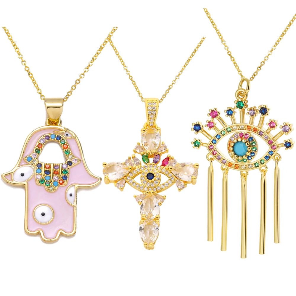 Collier pour femme Juya – Pendentif « Main de Fatma » (Hamsa) orné de zircons arc-en-ciel et d’émail, plaqué or 18 carats, (œil protecteur)